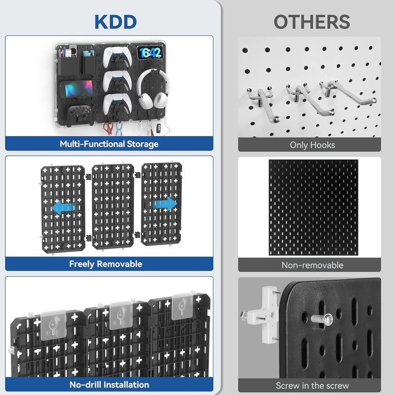 KDD Wall Organizer Peg Board - 7 in 1 Gaming Pegboard Accessories with RGB Led Strip Lights,Pegboard Combination Kit with Phone Stand/Pen Holder/Storage Box/Headset & Controller Holder/Hooks - Image 5